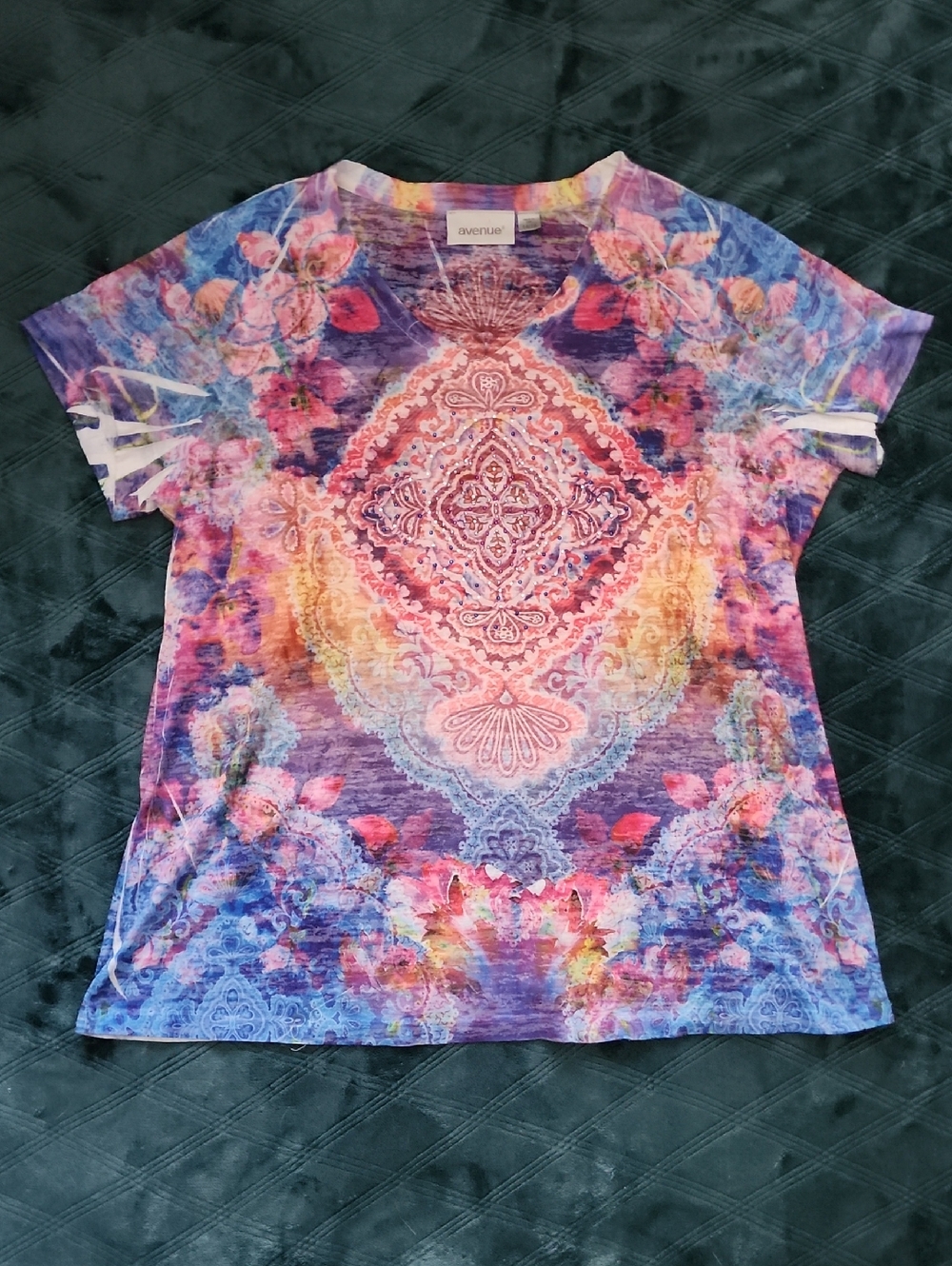 Avenue Multicolor Paisley Medallion Short Sleeve Tee - Purple, Pink, Blue